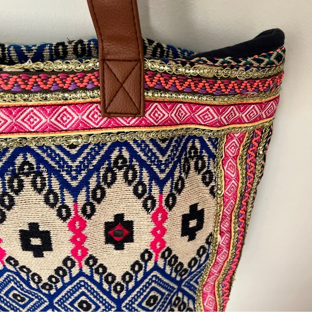 Boho Woven Tote Bag with Brown Handles - Navy, Pink & Cream